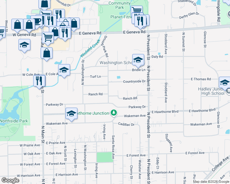 map of restaurants, bars, coffee shops, grocery stores, and more near 608 Ranch Road in Wheaton