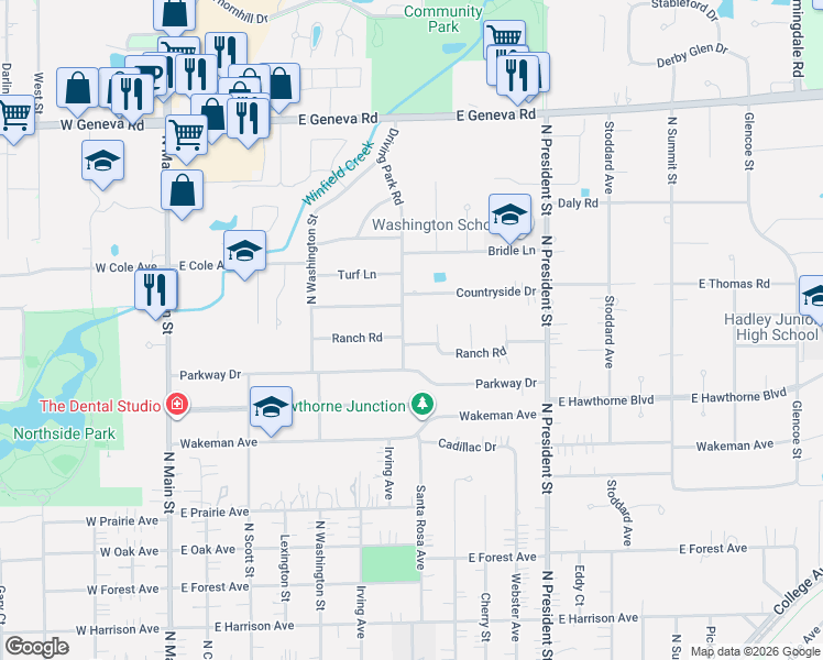 map of restaurants, bars, coffee shops, grocery stores, and more near 532 Ranch Road in Wheaton