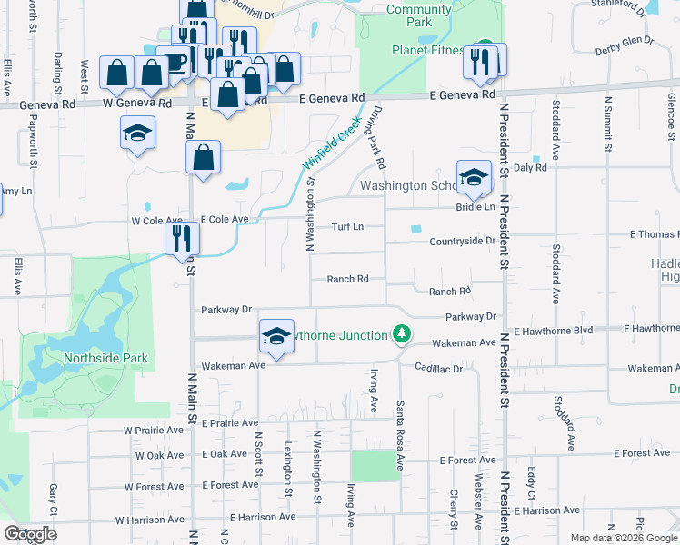 map of restaurants, bars, coffee shops, grocery stores, and more near 432 Ranch Road in Wheaton