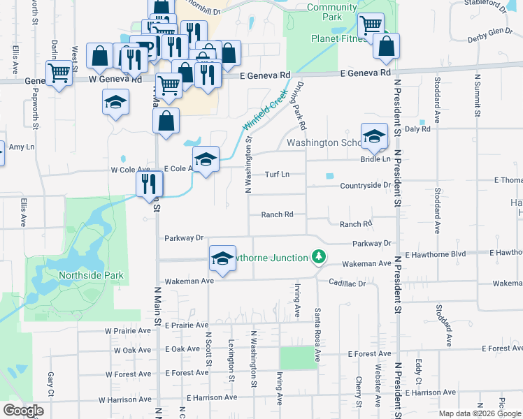 map of restaurants, bars, coffee shops, grocery stores, and more near 404 Ranch Road in Wheaton