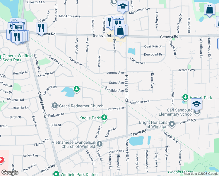 map of restaurants, bars, coffee shops, grocery stores, and more near N471 Peter Road in Winfield