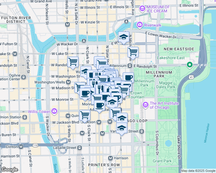 map of restaurants, bars, coffee shops, grocery stores, and more near 4 West Madison Street in Chicago