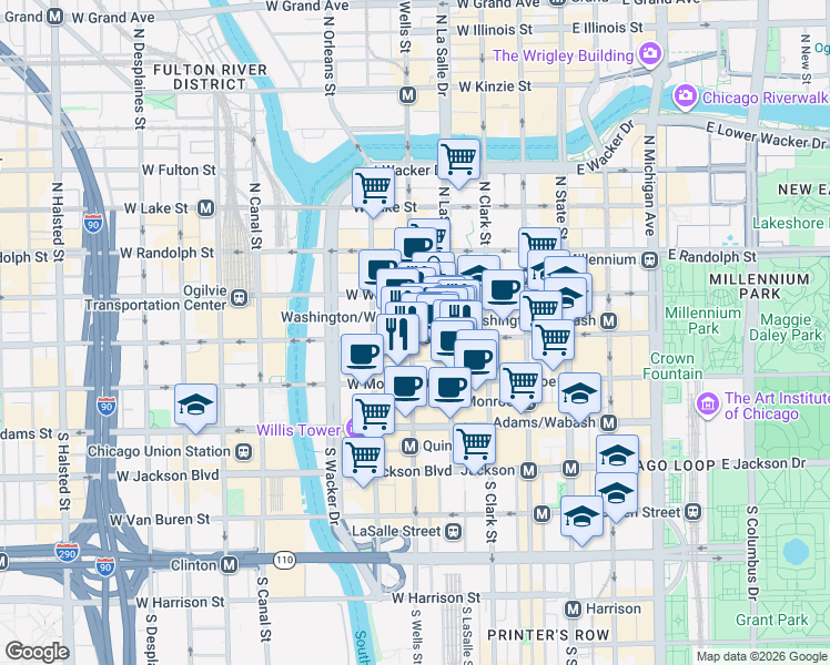 map of restaurants, bars, coffee shops, grocery stores, and more near 3 North Wells Street in Chicago