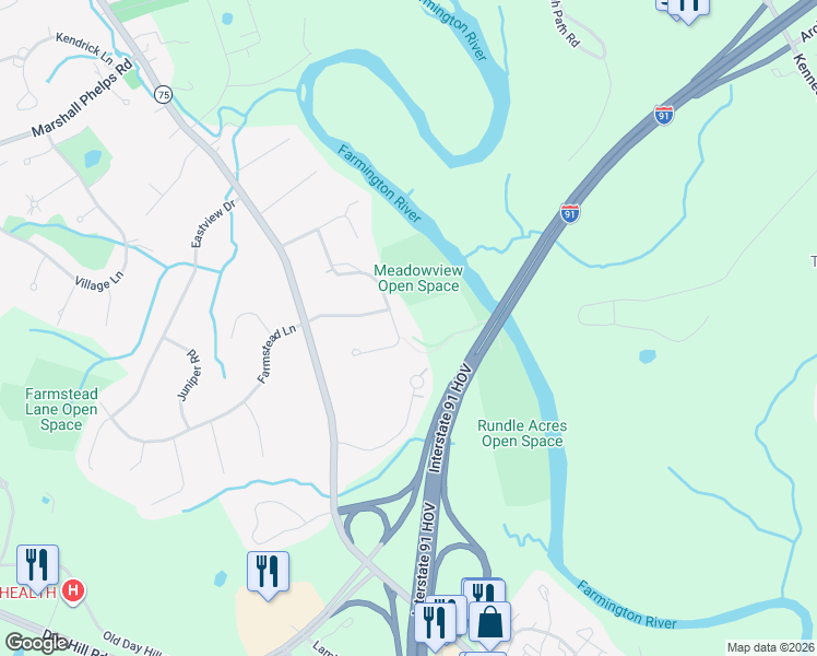 map of restaurants, bars, coffee shops, grocery stores, and more near 66 Milo Peck Lane in Windsor