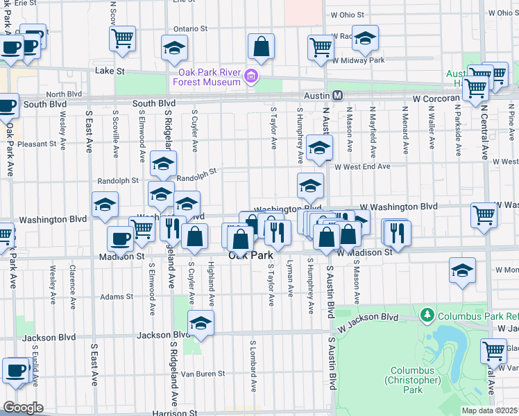 map of restaurants, bars, coffee shops, grocery stores, and more near 124 Washington Boulevard in Oak Park