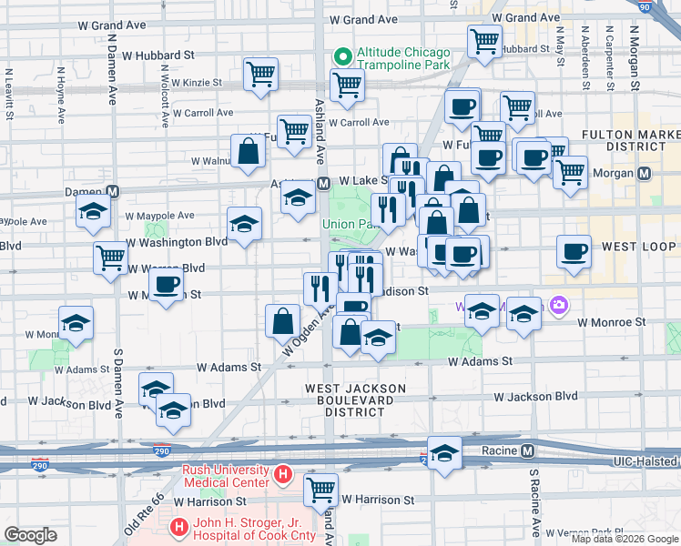map of restaurants, bars, coffee shops, grocery stores, and more near 1519 West Warren Boulevard in Chicago
