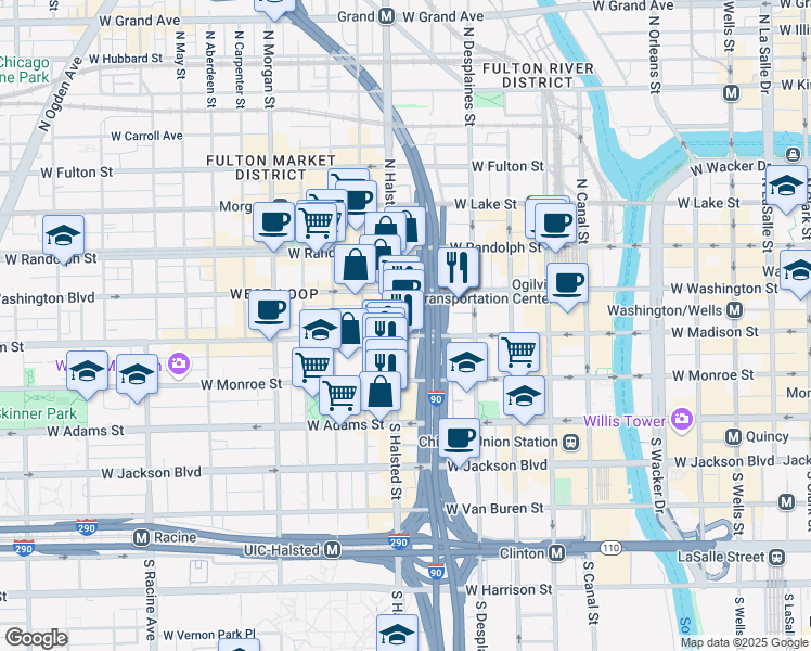 map of restaurants, bars, coffee shops, grocery stores, and more near 739 West Madison Street in Chicago