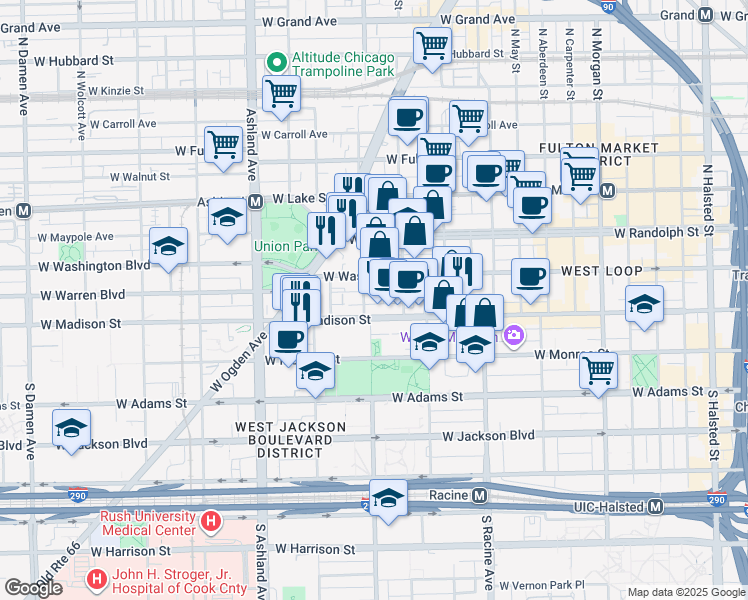 map of restaurants, bars, coffee shops, grocery stores, and more near 1342 West Madison Street in Chicago