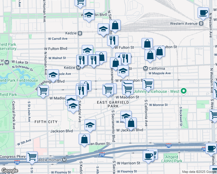 map of restaurants, bars, coffee shops, grocery stores, and more near 3015 West Warren Boulevard in Chicago