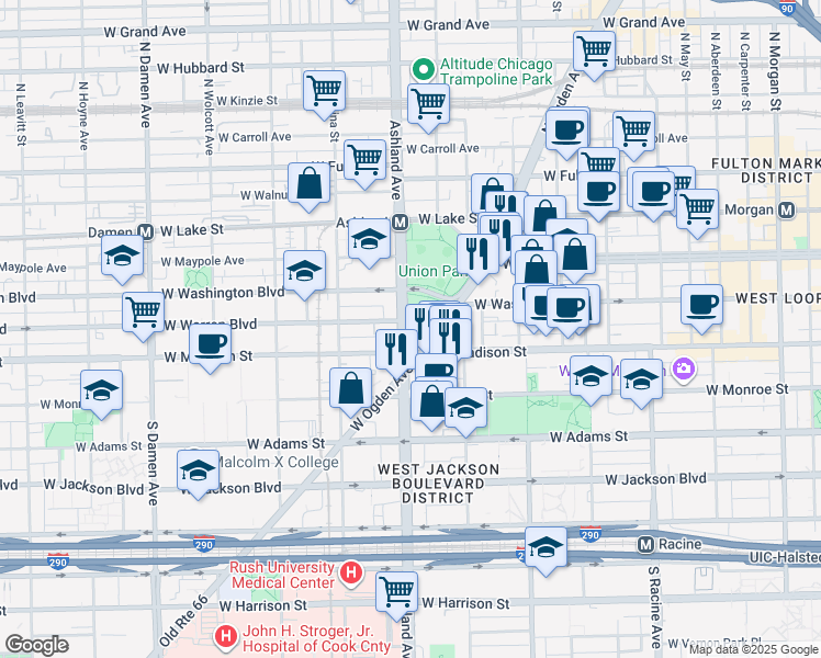 map of restaurants, bars, coffee shops, grocery stores, and more near 1533 West Warren Boulevard in Chicago