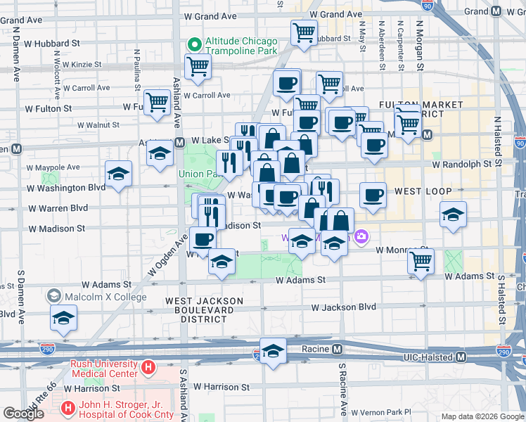 map of restaurants, bars, coffee shops, grocery stores, and more near 1342 West Madison Street in Chicago