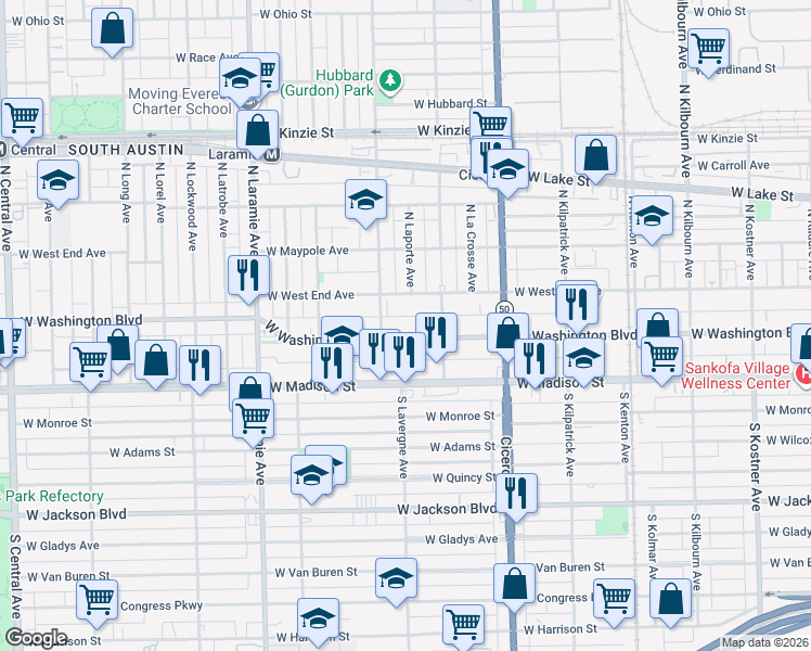 map of restaurants, bars, coffee shops, grocery stores, and more near 4955 West Washington Boulevard in Chicago
