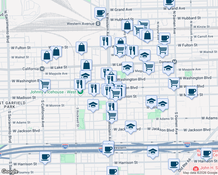 map of restaurants, bars, coffee shops, grocery stores, and more near 32 North Western Avenue in Chicago