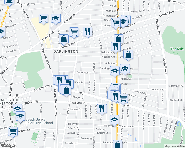 map of restaurants, bars, coffee shops, grocery stores, and more near 129 Carter Avenue in Pawtucket