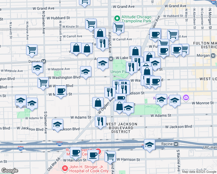 map of restaurants, bars, coffee shops, grocery stores, and more near 1609 West Warren Boulevard in Chicago