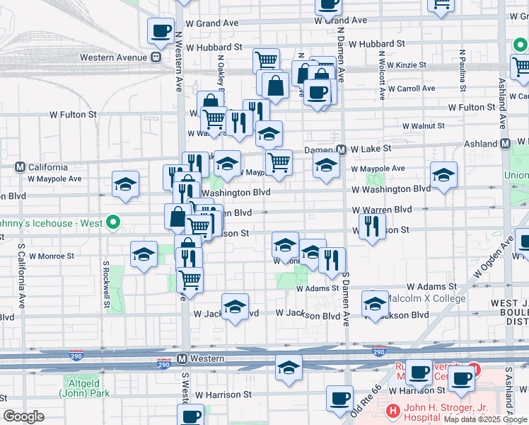 map of restaurants, bars, coffee shops, grocery stores, and more near N Leavitt St & W Warren Blvd in Chicago