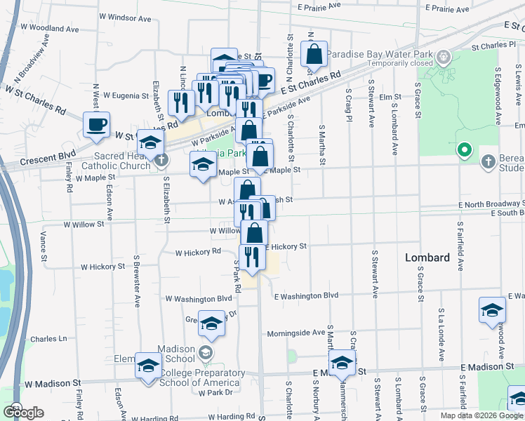 map of restaurants, bars, coffee shops, grocery stores, and more near 330 South Main Street in Lombard