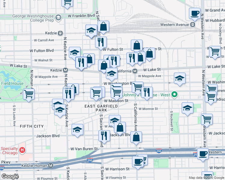map of restaurants, bars, coffee shops, grocery stores, and more near 14 North Francisco Avenue in Chicago