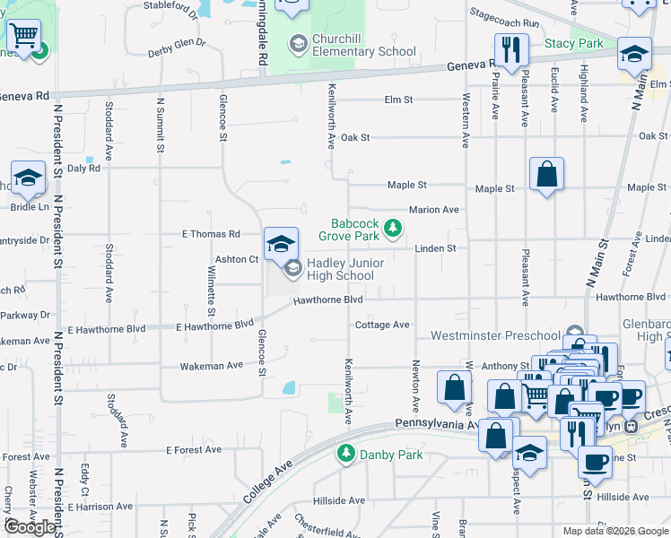 map of restaurants, bars, coffee shops, grocery stores, and more near 276 Hawthorne Boulevard in Glen Ellyn