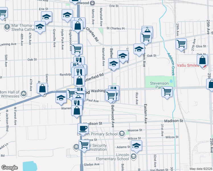 map of restaurants, bars, coffee shops, grocery stores, and more near 601 Marshall Avenue in Bellwood