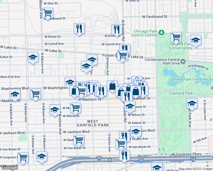 map of restaurants, bars, coffee shops, grocery stores, and more near 4129 West Washington Boulevard in Chicago