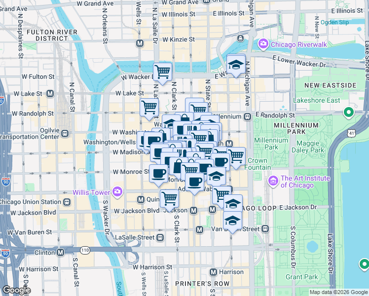 map of restaurants, bars, coffee shops, grocery stores, and more near 70 West Madison Street in Chicago