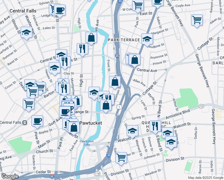 map of restaurants, bars, coffee shops, grocery stores, and more near 71 Fountain Street in Pawtucket