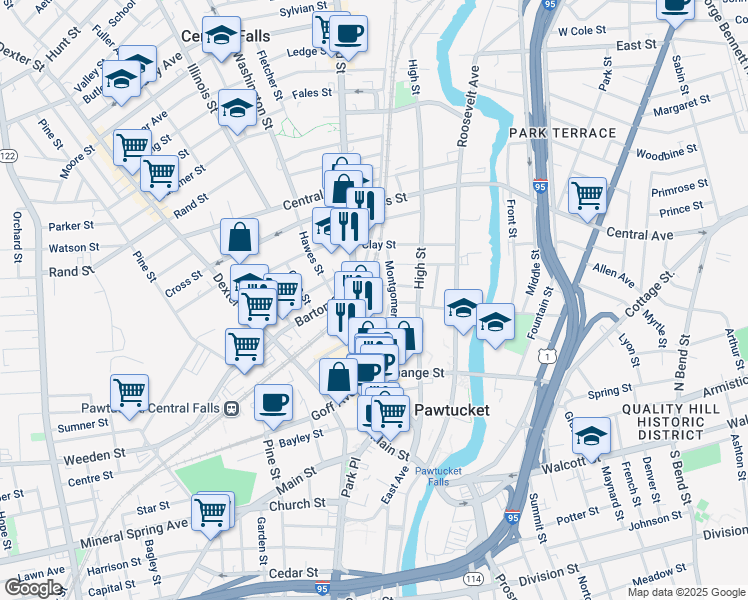 map of restaurants, bars, coffee shops, grocery stores, and more near 146 Rhode Island 114 in Pawtucket