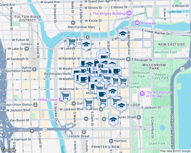 map of restaurants, bars, coffee shops, grocery stores, and more near 10 South Dearborn Street in Chicago