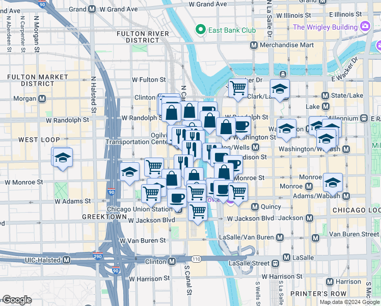map of restaurants, bars, coffee shops, grocery stores, and more near 10 South Riverside Plaza in Chicago