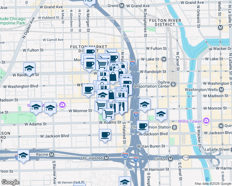 map of restaurants, bars, coffee shops, grocery stores, and more near 11 North Green Street in Chicago