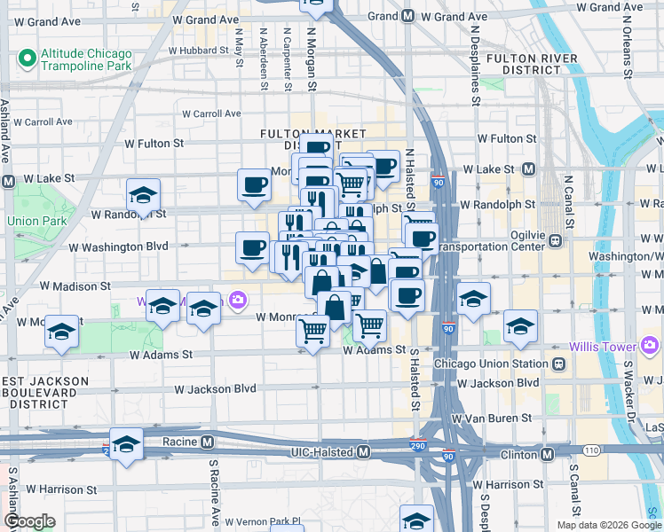 map of restaurants, bars, coffee shops, grocery stores, and more near 940 West Madison Street in Chicago