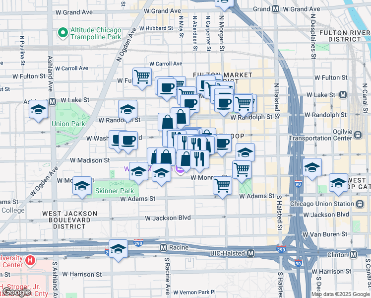 map of restaurants, bars, coffee shops, grocery stores, and more near 1131 West Madison Street in Chicago