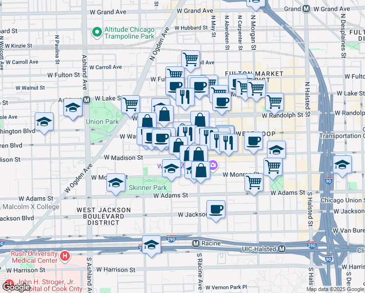 map of restaurants, bars, coffee shops, grocery stores, and more near 1237 West Madison Street in Chicago