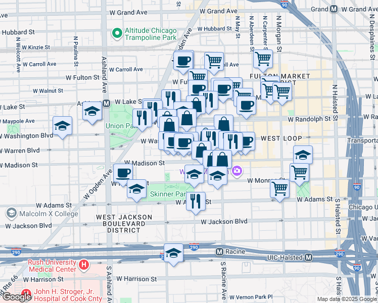 map of restaurants, bars, coffee shops, grocery stores, and more near 1301 West Madison Street in Chicago