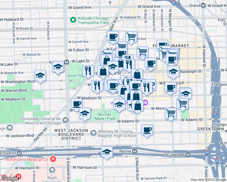 map of restaurants, bars, coffee shops, grocery stores, and more near 1301 West Madison Street in Chicago