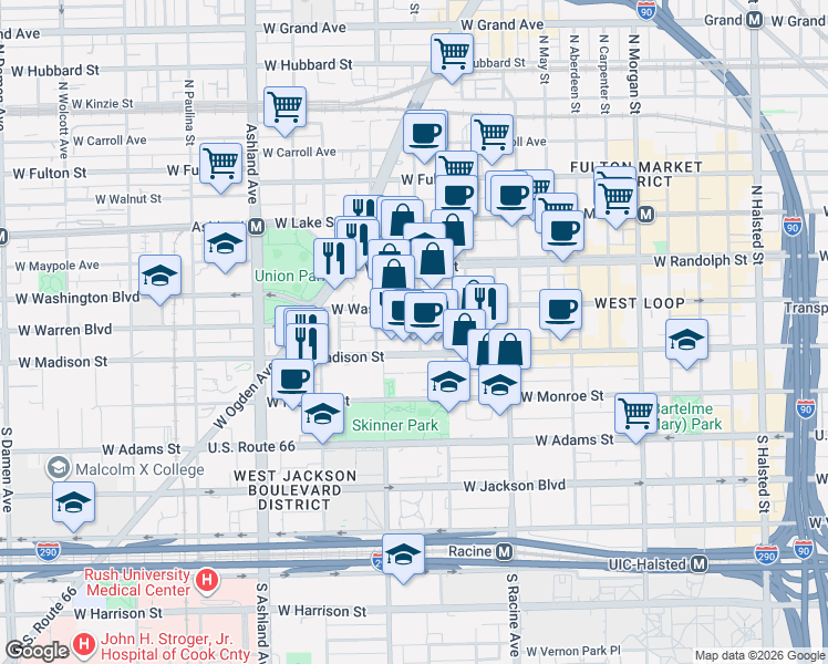 map of restaurants, bars, coffee shops, grocery stores, and more near 1342 West Madison Street in Chicago
