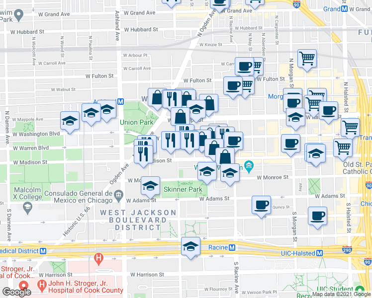 map of restaurants, bars, coffee shops, grocery stores, and more near 1342 West Madison Street in Chicago