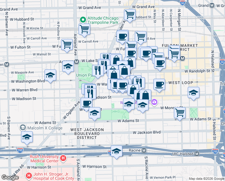 map of restaurants, bars, coffee shops, grocery stores, and more near 1342 West Madison Street in Chicago