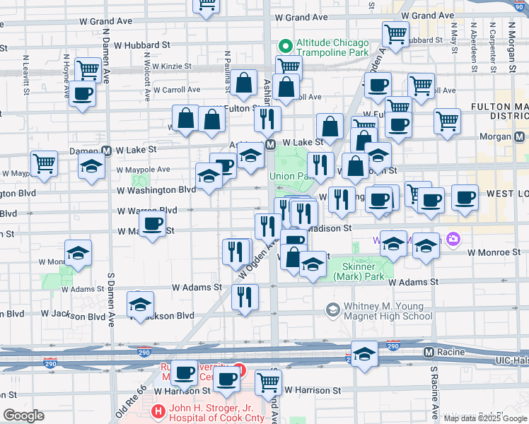 map of restaurants, bars, coffee shops, grocery stores, and more near 1606 West Madison Street in Chicago