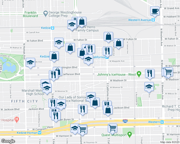 map of restaurants, bars, coffee shops, grocery stores, and more near 14 North Francisco Avenue in Chicago