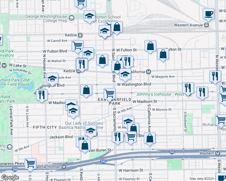 map of restaurants, bars, coffee shops, grocery stores, and more near 3015 West Warren Boulevard in Chicago