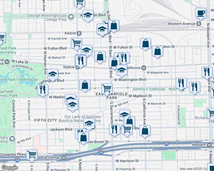 map of restaurants, bars, coffee shops, grocery stores, and more near 3015 West Warren Boulevard in Chicago