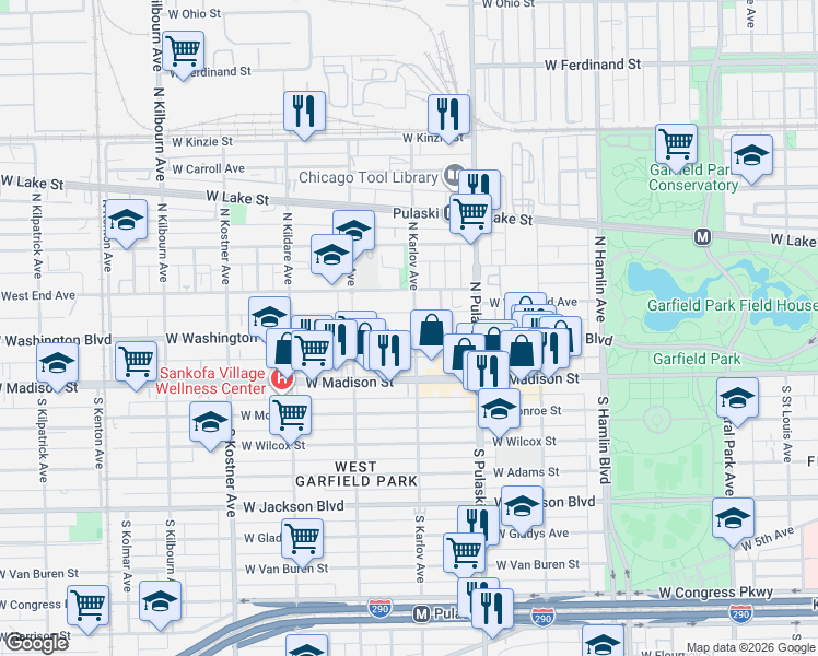map of restaurants, bars, coffee shops, grocery stores, and more near 4115 West Washington Boulevard in Chicago