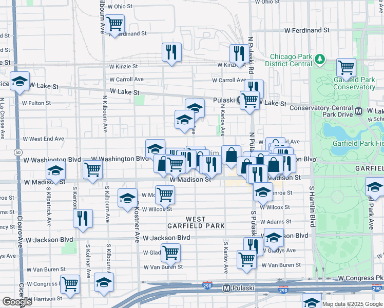 map of restaurants, bars, coffee shops, grocery stores, and more near 4159 West Washington Boulevard in Chicago