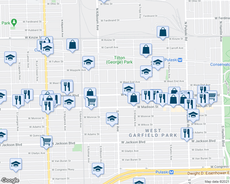 map of restaurants, bars, coffee shops, grocery stores, and more near 4423 West Washington Boulevard in Chicago