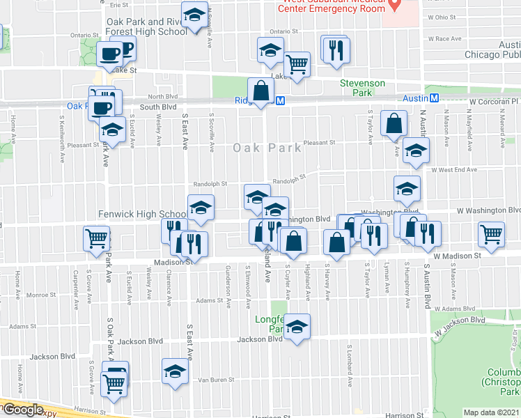 map of restaurants, bars, coffee shops, grocery stores, and more near in Oak Park