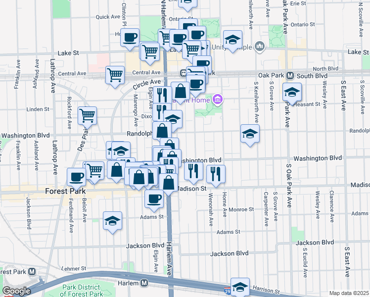 map of restaurants, bars, coffee shops, grocery stores, and more near 344 South Maple Avenue in Oak Park