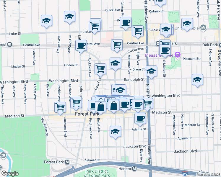 map of restaurants, bars, coffee shops, grocery stores, and more near 7417 Washington Street in Forest Park