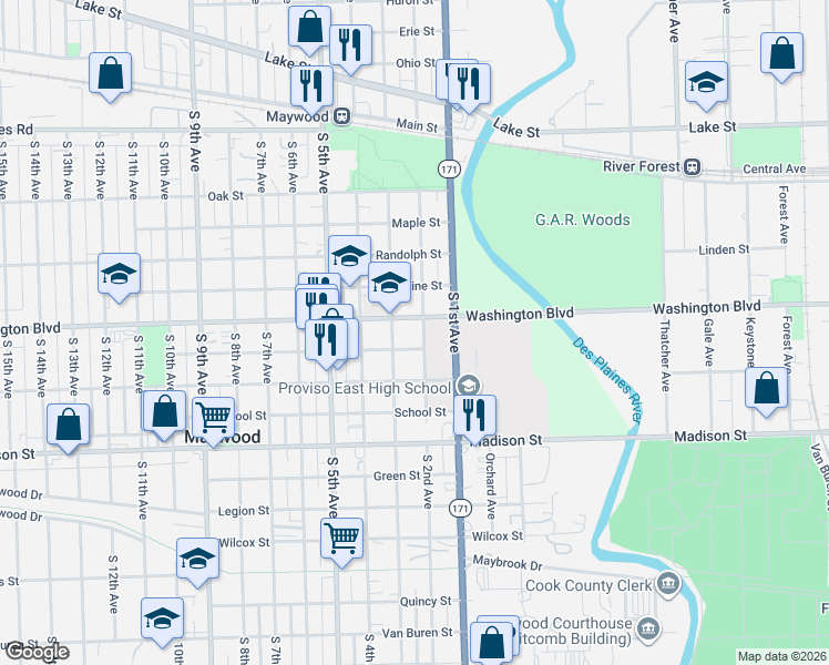 map of restaurants, bars, coffee shops, grocery stores, and more near 700 South 2nd Avenue in Maywood